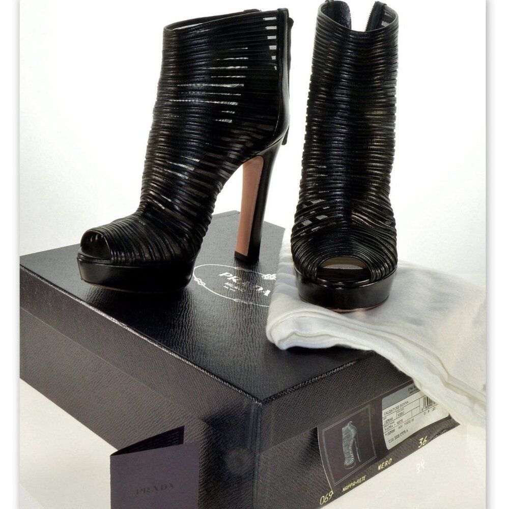 Prada Calzature Donna Leather Mesh High Heel Platform Ankle Booties 36